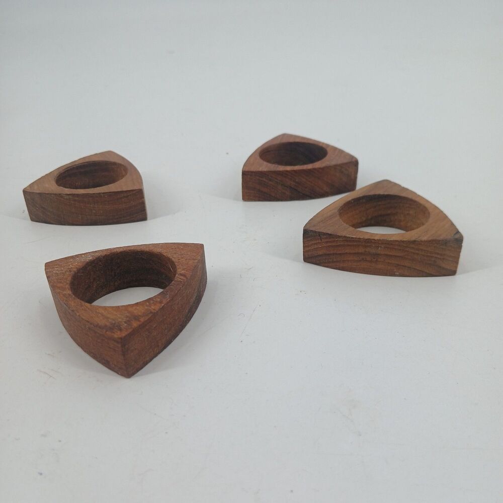 Vintage Wooden Tear Drop Napkin Rings Triangle Geometric Set of 4